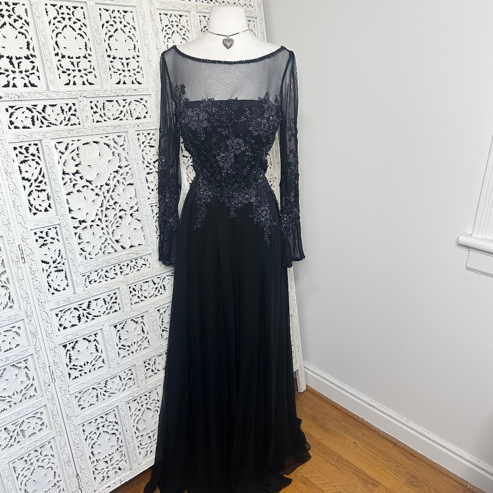 Cameron Blake Silk Black Beaded Sequin Boat Neck Fairy Grunge Long Sleeve Dress‎